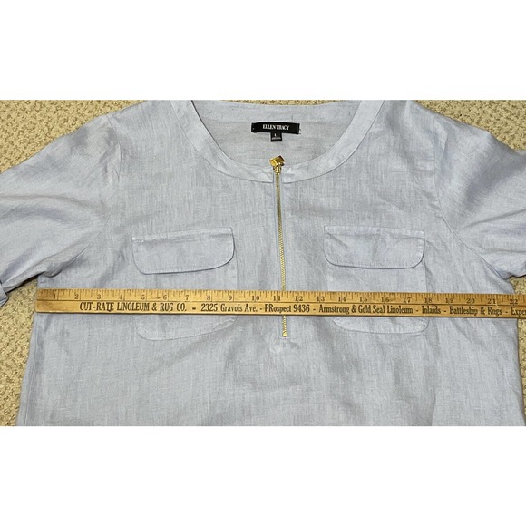 ELLEN TRACY Women’s L Linen Blouse Blue Pull On Quarter Zip - Picture 8 of 9